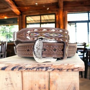 Nocona Mens Western Brown Leather Embossed Braided Belt Size 42 Conchos Inlay